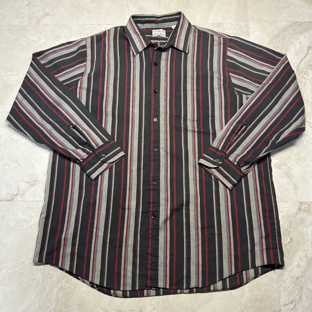 The Mens Store Striped Button Down Shirt Black Red Grey Mens XL Tall Vintage 90s